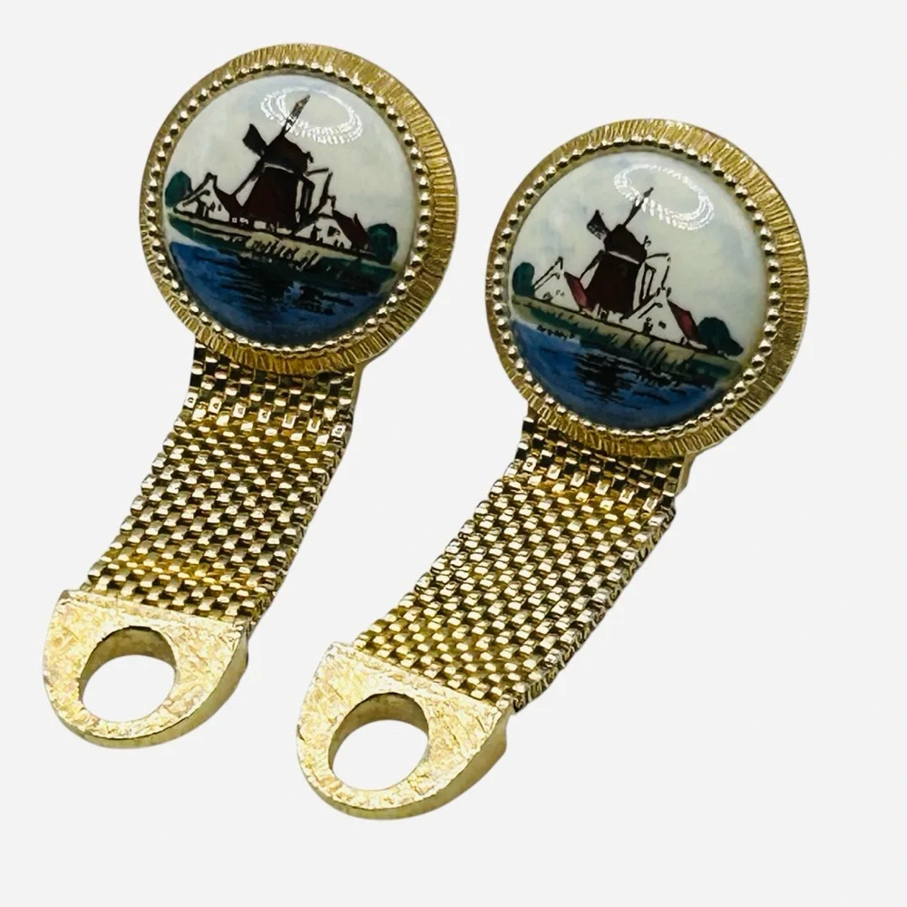 Vintage Swank Delft Porcelain Scenic Windmill Mess Cufflinks